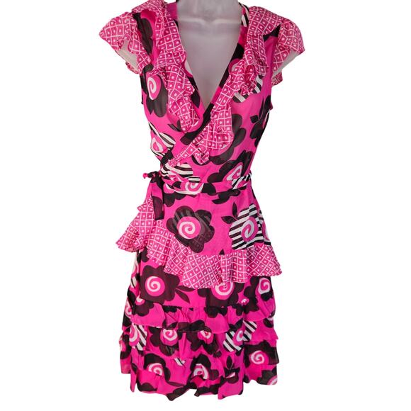 celia birdwell Dresses & Skirts - Celia Birdwell Vintage 2 Piece Skirt set Pink Black White Wrap Top Ruffled Sz SM